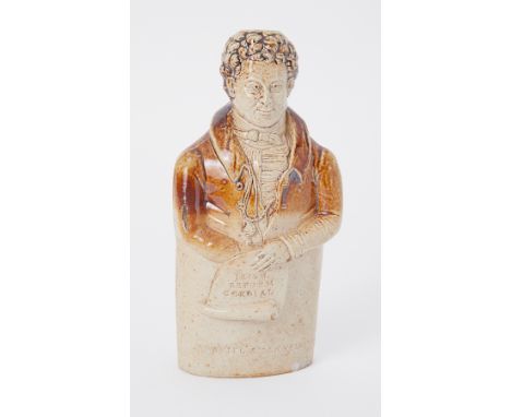 DANIEL O'CONNELL a two-tone Derbyshire brown stoneware flask, c.1829, modelled as the reformer depicted holding a scroll impr