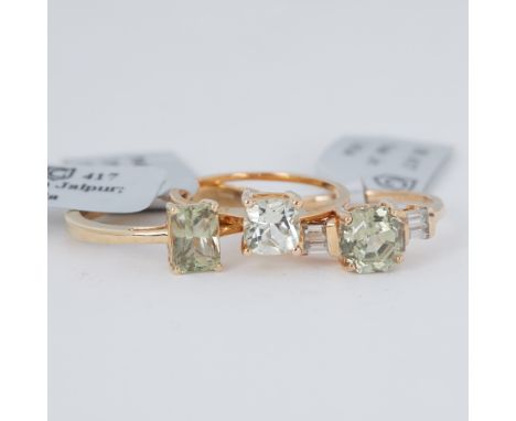 A 9ct yellow gold ring set with a 1.00 carat cushion cut colour change Csarite, 1.70gm, size N 1/2 (with tag), a 9ct yellow g