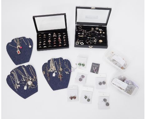 A large quantity of costume &amp; some silver jewellery to include pendants, rings, earrings, etc, watches, storage boxes &am