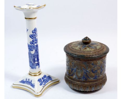 A Victorian Doulton Lambeth tobacco jar marked 1882 AEF to bottom - lid a/f plus a Coalport Willow blue and white candlestick
