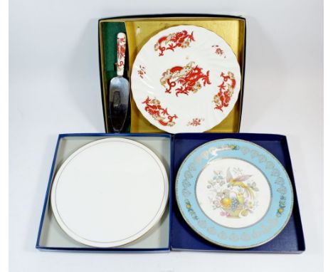 A Royal Worcester cake stand, boxed and an Aynsley floral plate and another 