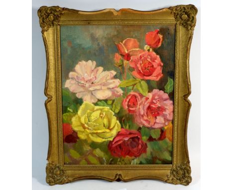A vintage oil on canvas, still life roses 37 x 30cm 