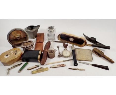 A box of collectables to include a Calendox Junior Round perpetual calendar, a Ronson table lighter, pen knives etc. 