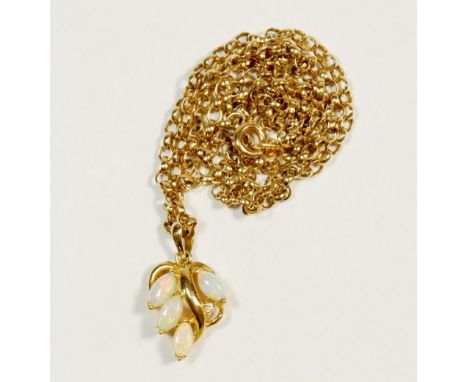 A 9 carat gold opal set leaf form pendant on 9 carat gold chain, 7.2g, chain 50cm 