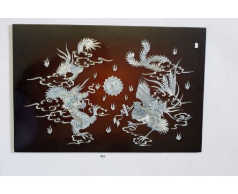 A Chinese lacquer and mother of pearl panel decorated dragon and cockerel, 60 x 40cm 