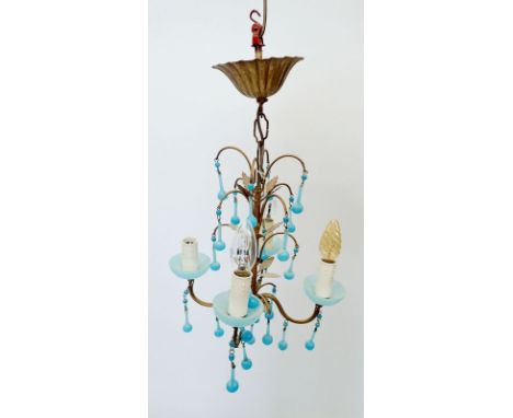 A Victorian turquoise glass chandelier light fitting, 53cm tall including drops, 30cm diameter 