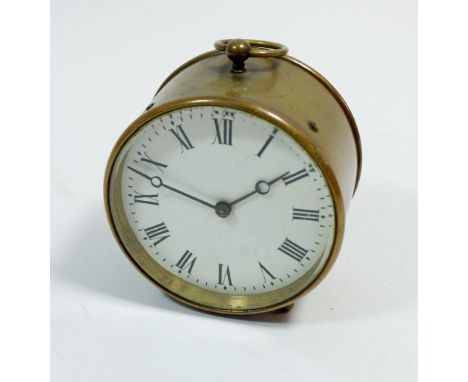 A 19th century brass cased drum clock with 8 day French movement and enamel dial, 11cm tall 