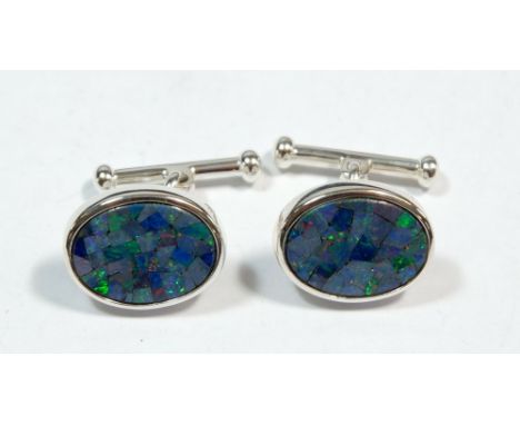 A pair of silver and opal doublet drop cufflinks