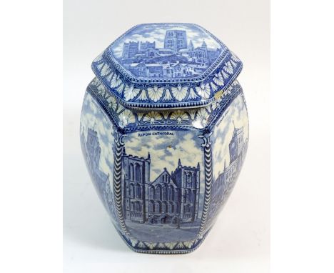 A Ringtons blue and white hexagonal tea caddy, 18cm 