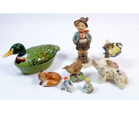 A group of china figures including a Hutschenreuther fox, a Hummel 'Brother' figure and blue tit CV64 1962, Royal Worcester w