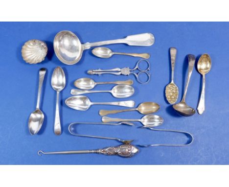 Assorted silver cutlery including silver sauce ladle, sugar nips etc. 318g 