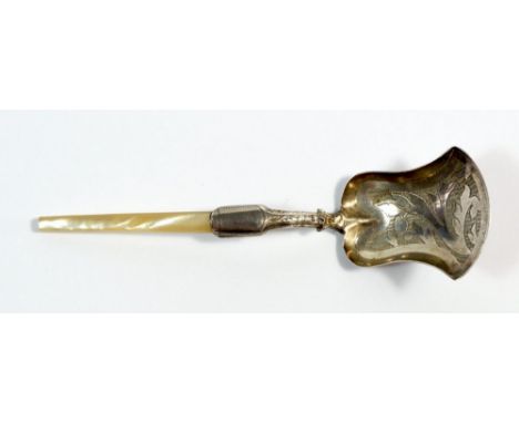 A Georgian silver caddy spoon with mother of pearl handle, Birmingham 1828 by Joseph Taylor 