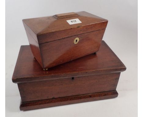 A Victorian mahogany small tea caddy, 21 x 12cm fitted two lidded caddies plus a mahogany box 