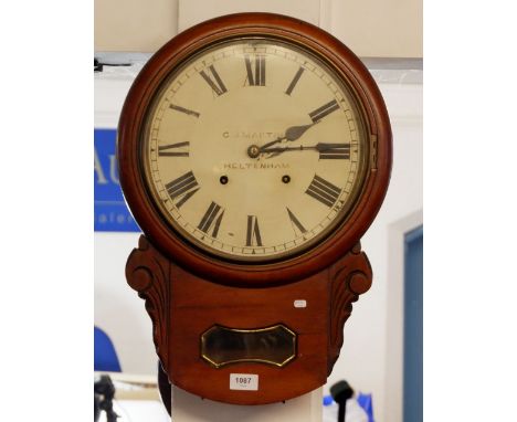 A Victorian mahogany cased drop dial wall clock by C J Martin, Cheltenham, 54cm long