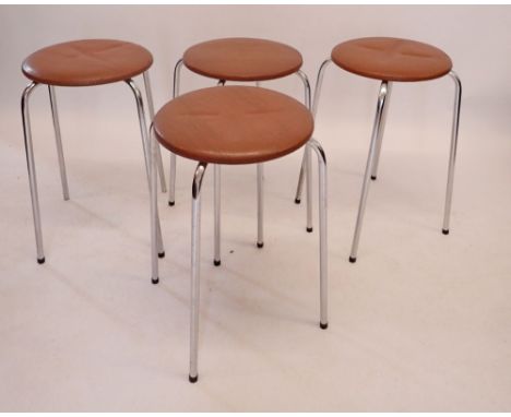 Four vintage chrome stools with brown faux leather round top 