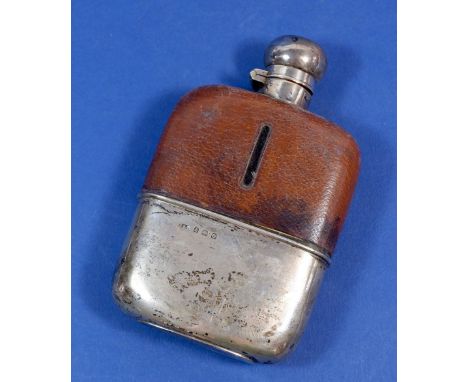 A silver and leather clad spirit flask, Birmingham 1938 