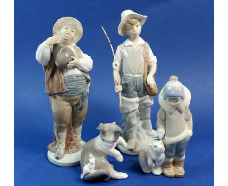 A collection of four Lladro figures including boy with polar bear, cat and mouse, fisherman and man with leather bottle&nbsp;