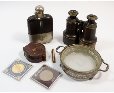 A box of collectables including Victorian spirit flask, binoculars and Arabic miniature prayer scroll 