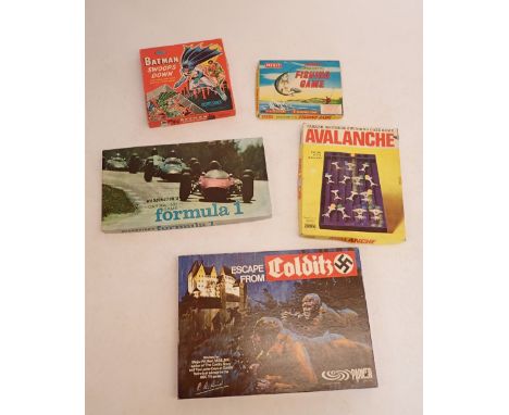 A box of vintage games including Batman Swoops Down, Waddingtons Car racing game Formula 1 etc. 