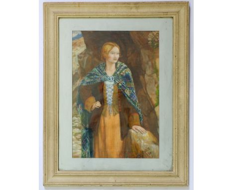 An oil on paper portrait of a Celtic maiden with cloak and clasp 'Peace, 1934' 41 x 27cm 