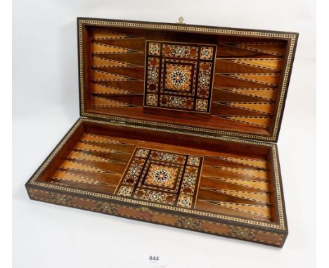 A large marquetry inlaid games box with inlaid chess board and backgammon (no pieces) 49.5cm long 