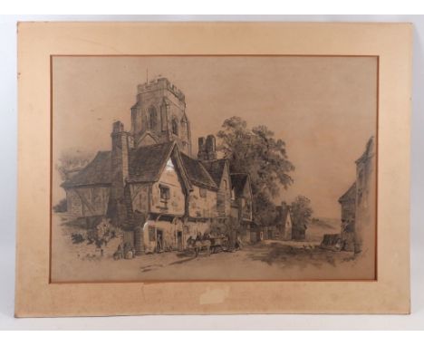 H E Thompson - charcoal sketch Victorian street scene and church, 35 x 50cm 