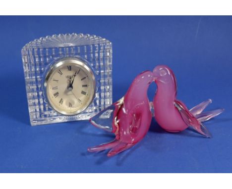 A pair of pink Murano glass doves, 9cm tall and a Mikasa cut glass clock (2) 