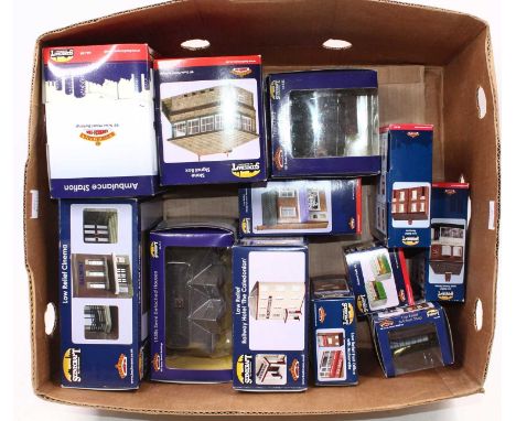 Thirteen Bachmann Scenecraft buildings: 44-262 low relief cinema; 44-149 Ambulance station; 44-176 Stone Signal box; 44-134 1