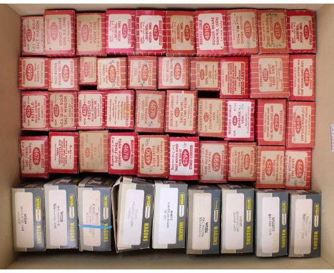 Nine Wrenn and 40 Hornby-Dublo plastic wheeled wagons, a wide variety and some duplicates. All wagons overall (E) or better. 