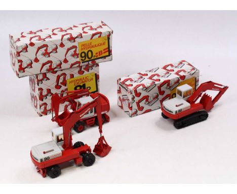 A Conrad 1/50 scale group of three construction/earth moving Poclain models to include; 81P Hydraulic Excavator in red body, 