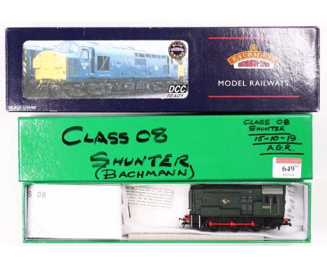 Two Bachmann Branch-line diesel locos: 32-118 class 08 shunter D3032 BR plain green (E-NM); 32-778 class 37 BR plain green D6