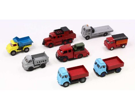 A Code 3 group of eight 1/50 scale loose Corgi and Dinky diecast to include No.512 Guy flat truck having a grey body with dar