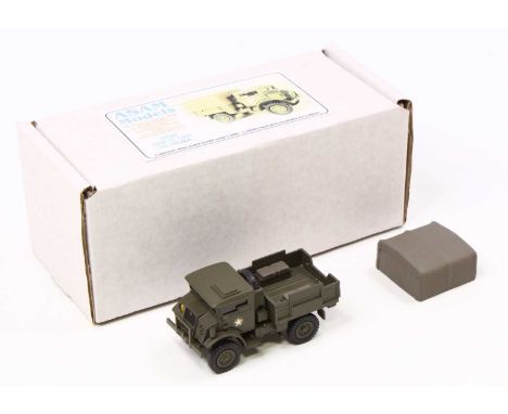 An ASAM Models 1/48 scale white metal and resin kit built model of a No. HT30 CMP 15cwt GS truck in military green body with 