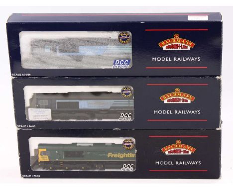 Three Bachmann Branch-line class 66 diesel locos: 32-726 No.66610 Freightliner green &amp; yellow, DCC fitted; 32-731 No.6640