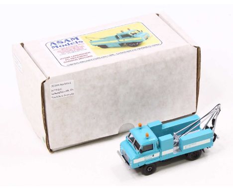 An ASAM Models white metal 1/48 scale kit built model of an HTS 86 Landrover FC, by Gordon Motors in light blue body with bla