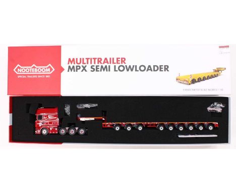 An IMC Models 1/50 scale No. 31-0063 model of a Scania R6 Longline 8x4 tractor unit with a Nooteboom 3+6 axle trailer, housed