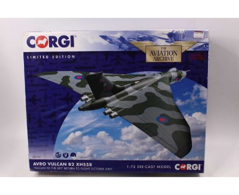 A Corgi limited edition 1/72 scale Aviation Archive No. AA27201 Avro Vulcan B2 XH558 housed in a polystyrene packed box