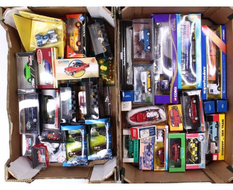 Two trays containing a quantity of mixed modern issue and vintage diecasts to include a Vitesse Trabant saloon, various Corgi