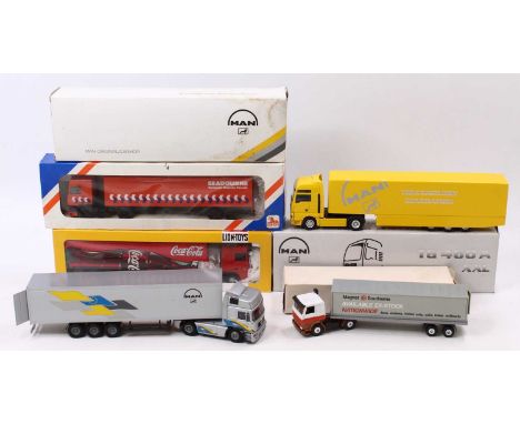 Five modern issue diecast haulage 1/50 scale to include Conrad 6107 MAN F2000 4x2 and a Box Van, Lion Toys 36 EAF 95 Box Van 