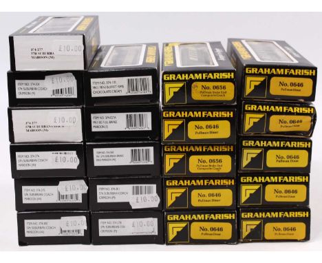 21 boxed N-gauge Graham Farish coaches. 10 x Pullman; 9 x maroon suburban; one each BR full brake maroon &amp; GWR buffet. Al