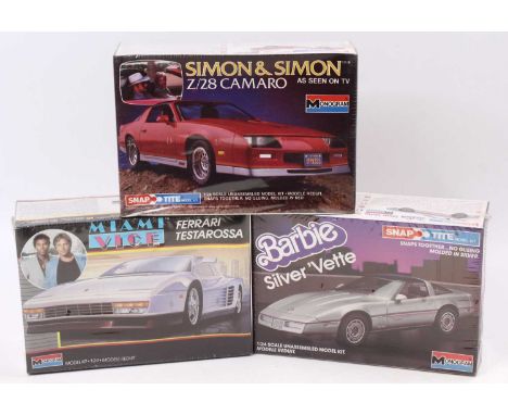 MONOGRAM 1.24 scale, TV kit, 2756 ‘Miami Vice’ Ferrari Tessarossa @1987, 1408 ‘Barbie’ 1981 Silver ‘Vette Coupe @1984 &amp; 1