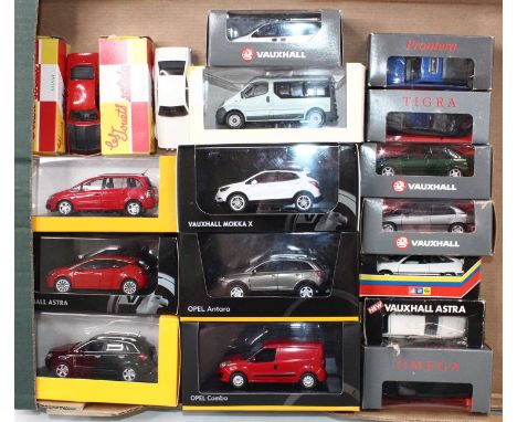 One tray containing mixed 1/43 scale dealer promotional diecast vehicles to include an Opel Vauxhall Mokka X, an Opel Antara,
