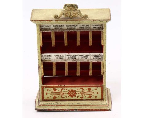 Marklin tinplate Gauge 1 Ticket Dispenser, tinplate example hand painted in cream and red with various around the world desti