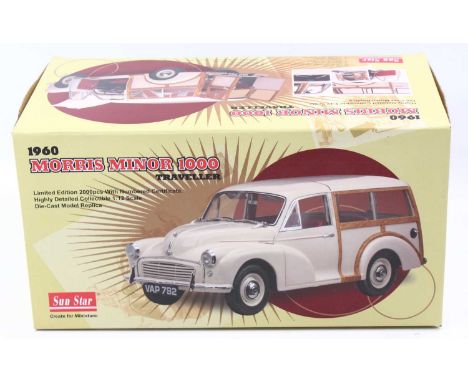 A Sun Star No. 4792 1/12 scale diecast model of a 1960 Morris Minor 1000 Traveller, finished in white, housed in the original