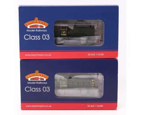 Two Bachmann Branch-line class 03, 0-6-0 diesel shunters BR green 6DCC: 31-366 D2016 &amp; 31-364 D2383 (weathered). Both eng