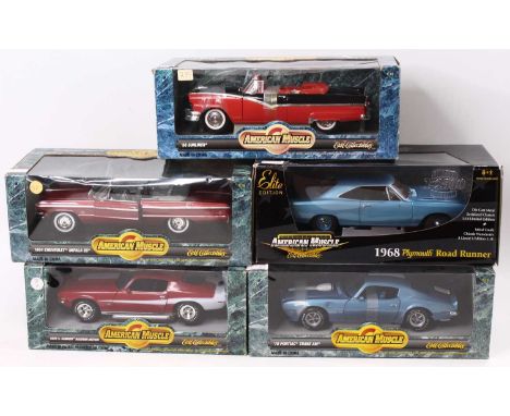 An ERTL Collectibles American Muscle 1/18 scale boxed group of five modern issue diecast to include a 1968 Plymouth Roadrunne
