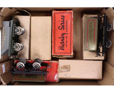 Six early Hornby goods wagons, all open axleguard, nickel wheels: 1923-4 Side Tipping Wagon, ‘Tipping Wagon’ on top of base, 