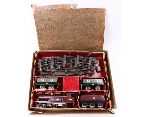 1921-3 Hornby No.2 goods set comprising No.2 plain red 4-4-0 clockwork loco &amp; 6-wheeled coal rail tender with nickel whee