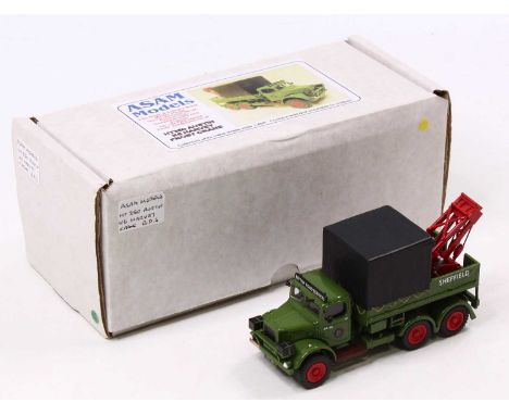 An ASAM Models 1/48 scale white metal and resin kit built model of a HT350 Austin KC Harvey Frost Crane having green body wit
