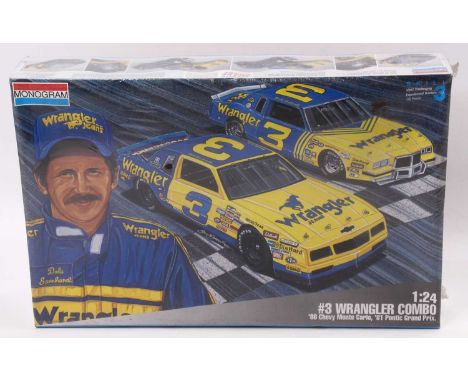 MONOGRAM 1.24 scale, NASCAR Double Combo kit, 6298 ‘Wrangler’ 1981 Pontiac G.Prix #3 D.Earnhardt &amp; 1986 Chevy M.Carlo #3 
